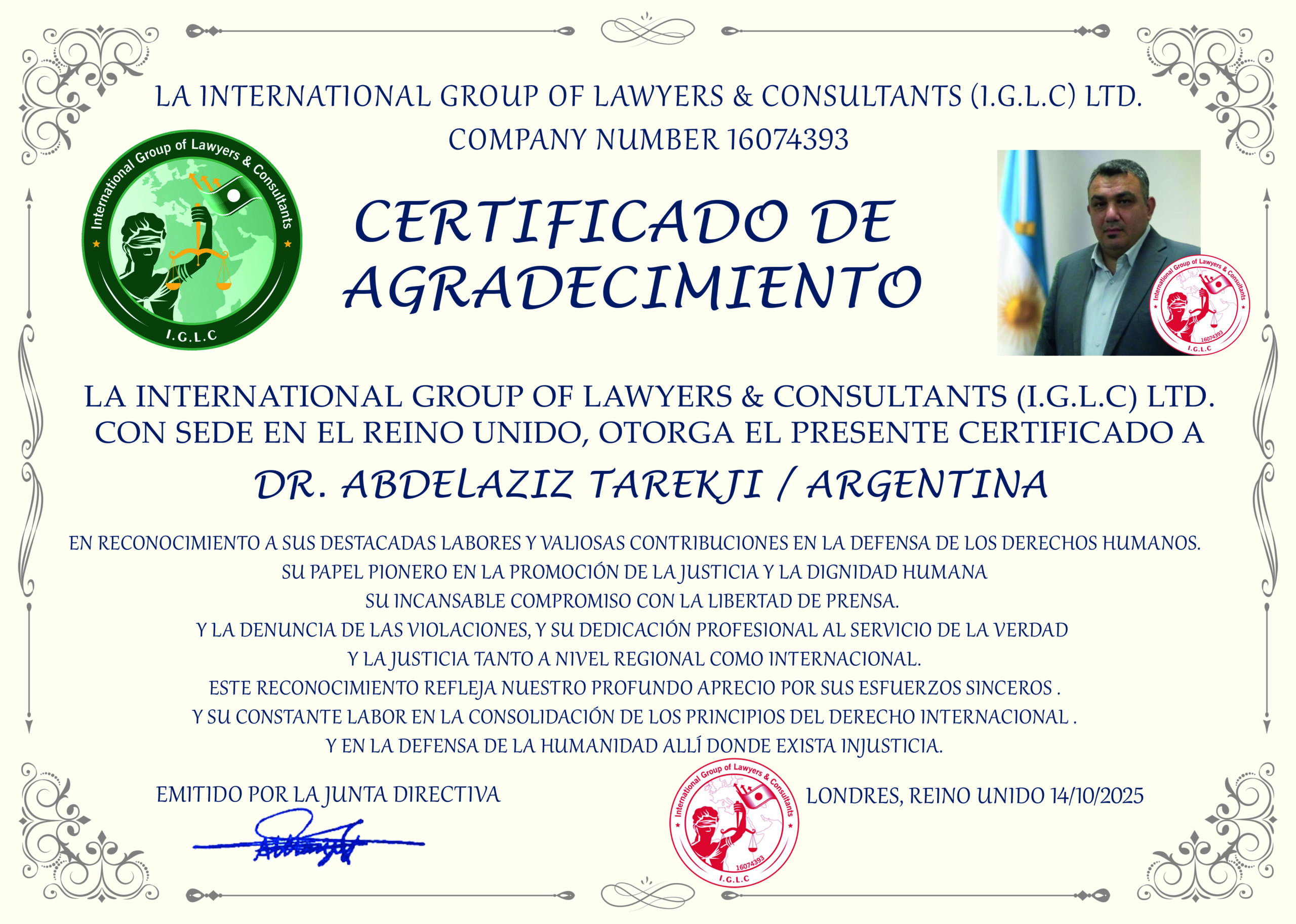 Nuevo reconocimiento internacional para el periodista argentino Dr. Abdelaziz Tarekji.